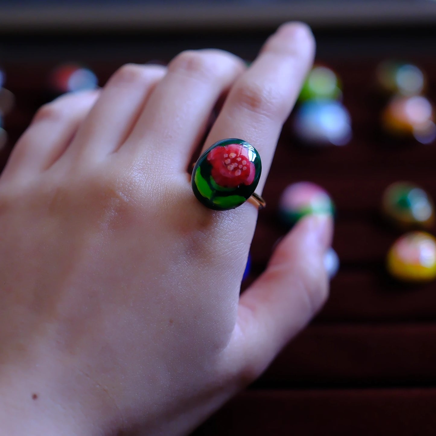 Hand-Painted Camellia Adjustable Ring/hand-drawn ring/handmade ring