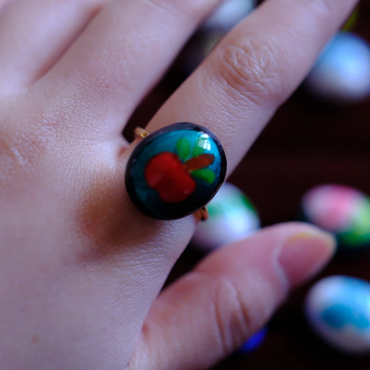 Hand-Painted Apple Adjustable Ring/hand-drawn ring/handmade ring