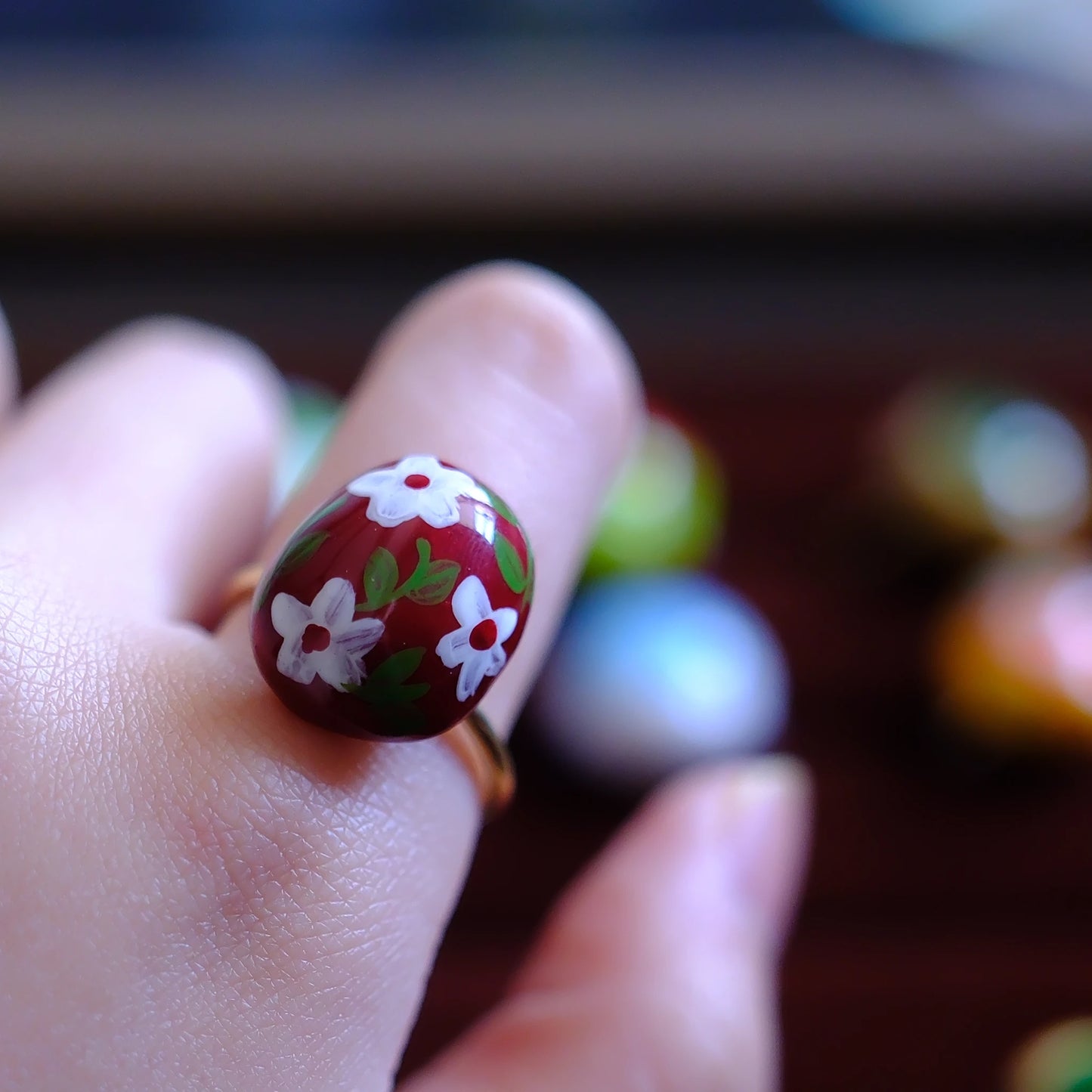 Hand-Painted White Floral Adjustable Ring/hand-drawn ring/handmade ring