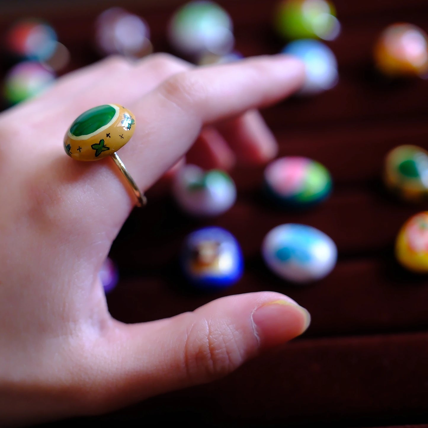 Hand-Painted Emerald-like Adjustable Ring/hand-drawn ring/handmade ring