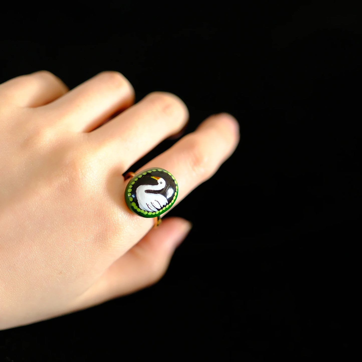 Original hand painted Emerald Swan Motif Adjustable ring/hand-drawn ring/handmade ring