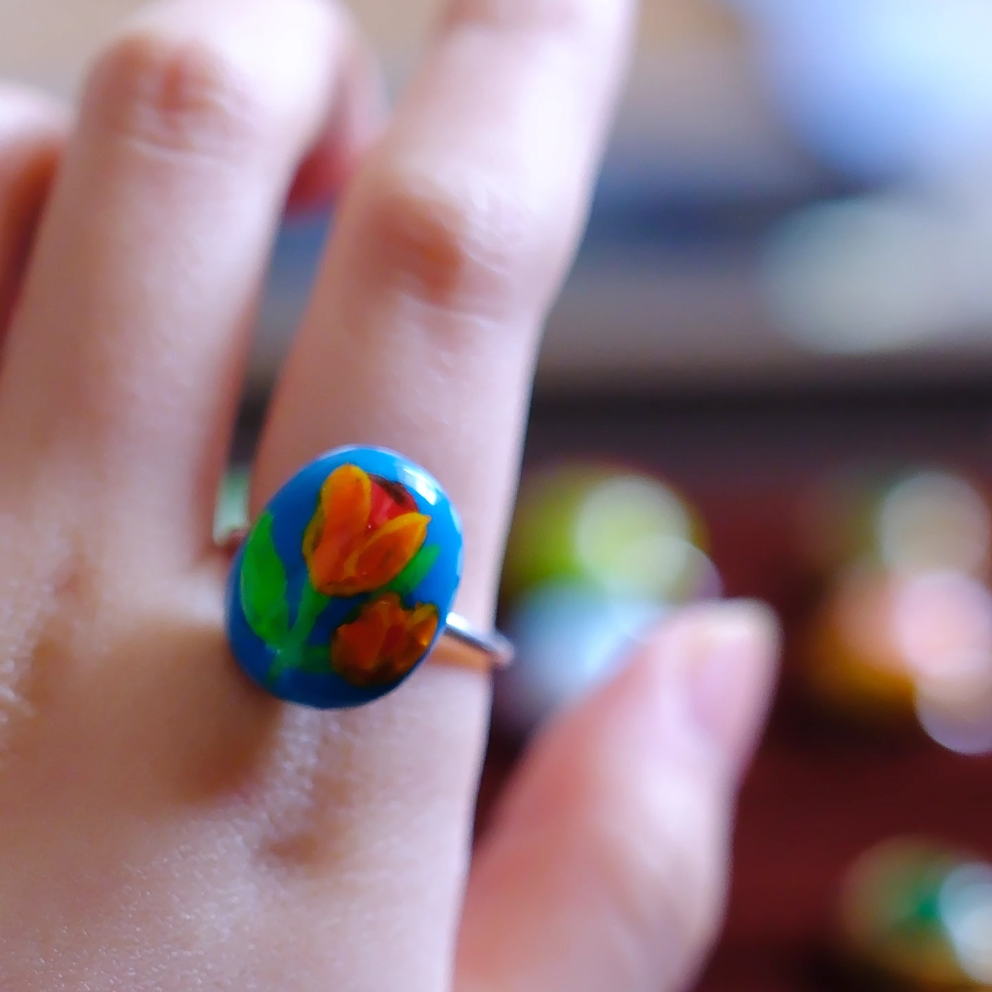 Hand-Painted Tulip Adjustable Ring/hand-drawn ring/handmade ring