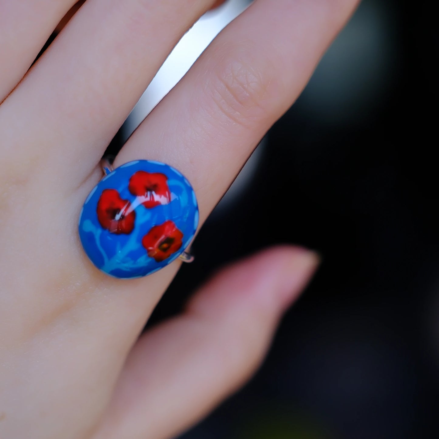 Original hand painted Teal Poppy Bloom Adjustable RING//hand-drawn ring/handmade ring
