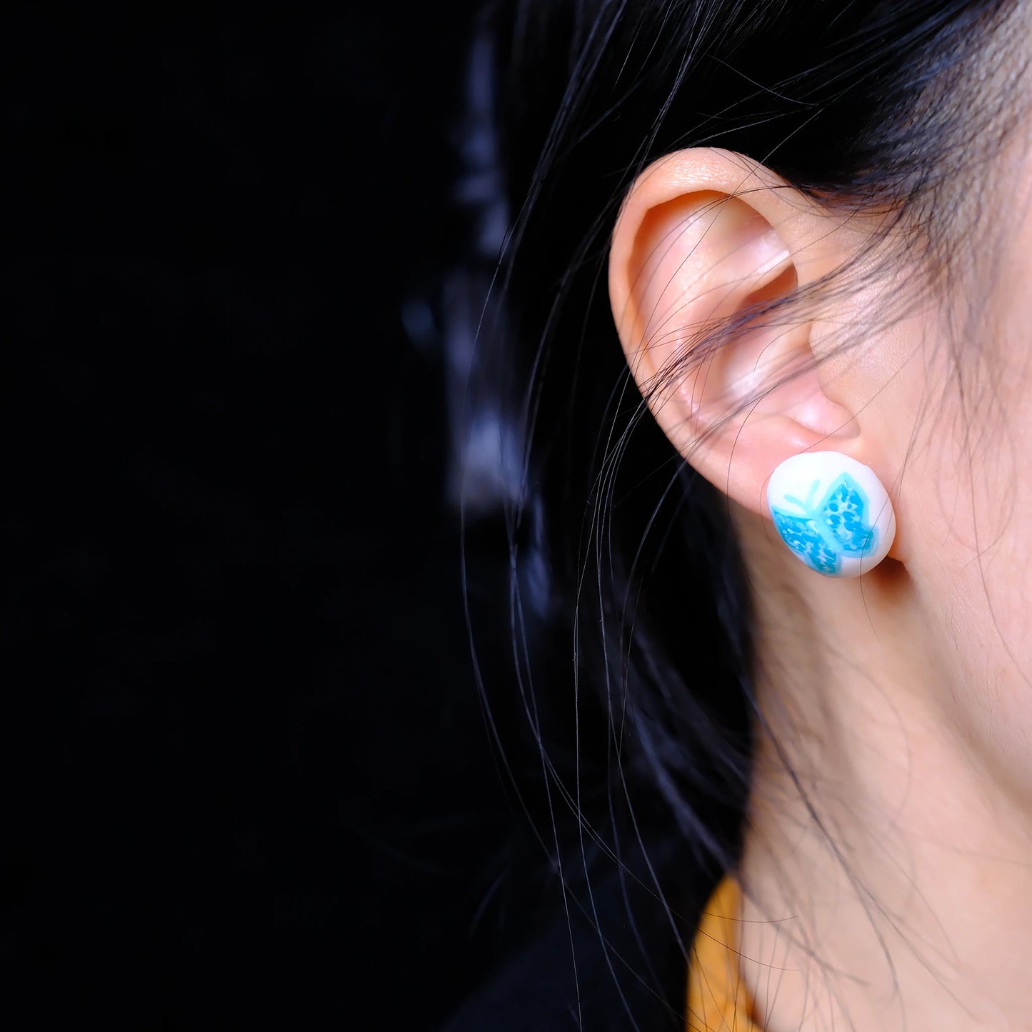 F136 titanium alloy Blue Butterfly on White original hand painted studs/hand-drawn/handmade