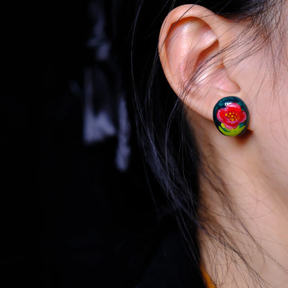 F136 titanium alloy Red Camellia on Dark Green stud/original hand painted studs/hand-drawn/handmade