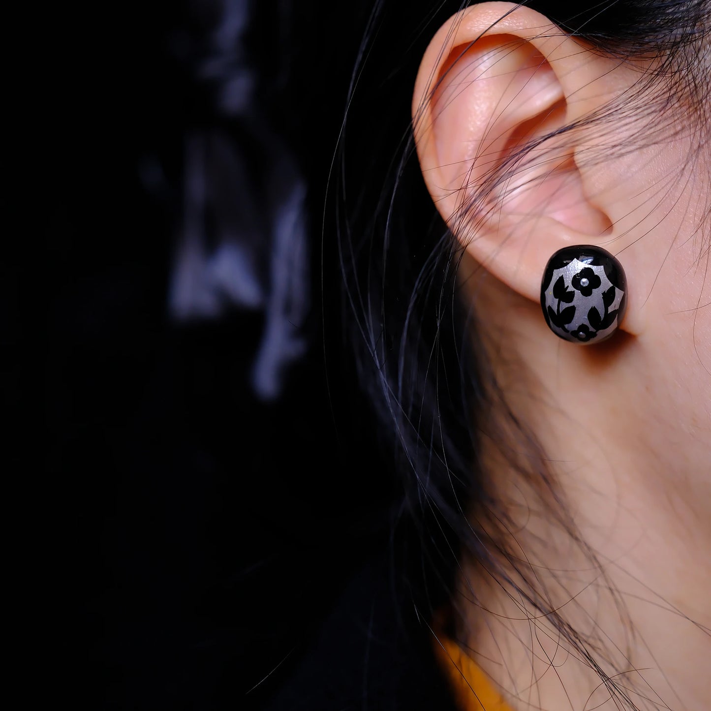 F136 titanium alloy Black and Silver Floral stud/original hand painted studs/hand-drawn/handmade