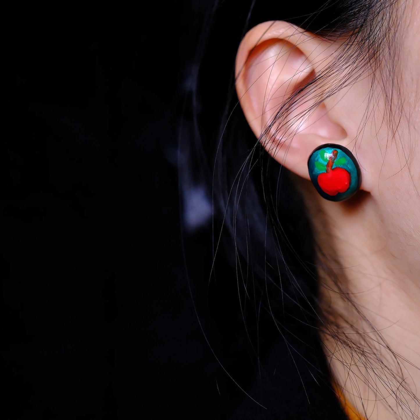 F136 titanium alloy Red Apple on Teal stud/original hand painted studs/hand-drawn/handmade