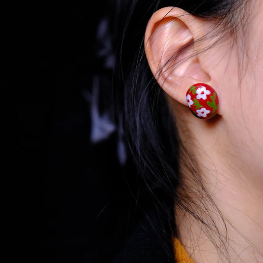 F136 titanium alloy White Daisies on Red stud/ original hand painted studs/hand-drawn/handmade