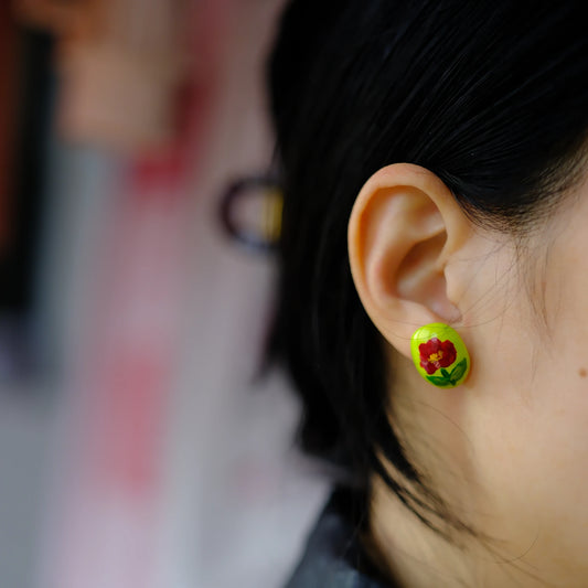 F136 titanium alloy Lime Green Floral Stud/original hand painted/hand-drawn/handmade