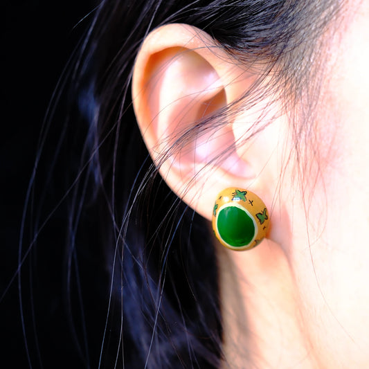 F136 titanium alloy Green Oval with Yellow Butterflies stud/original hand painted studs/hand-drawn/handmade