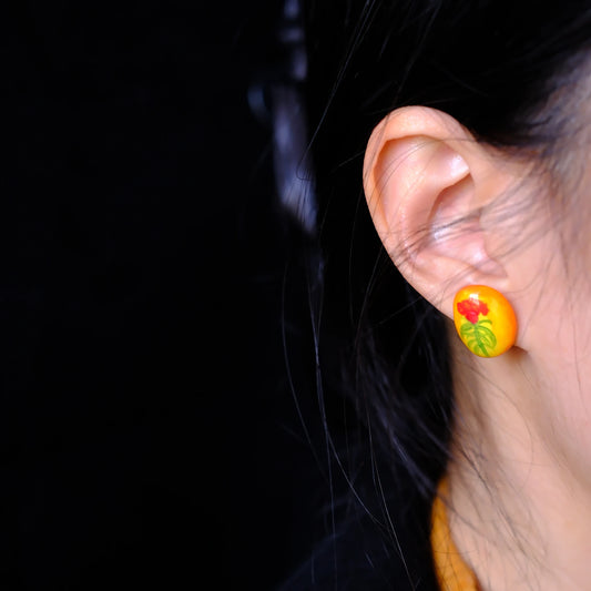 F136 titanium alloy Red Flower on Orange Gradient Stud/original hand painted studs/hand-drawn/handmade