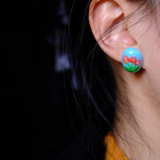 F136 titanium alloy Red Tulips on Light Blue Stud/original hand painted studs/hand-drawn/handmade
