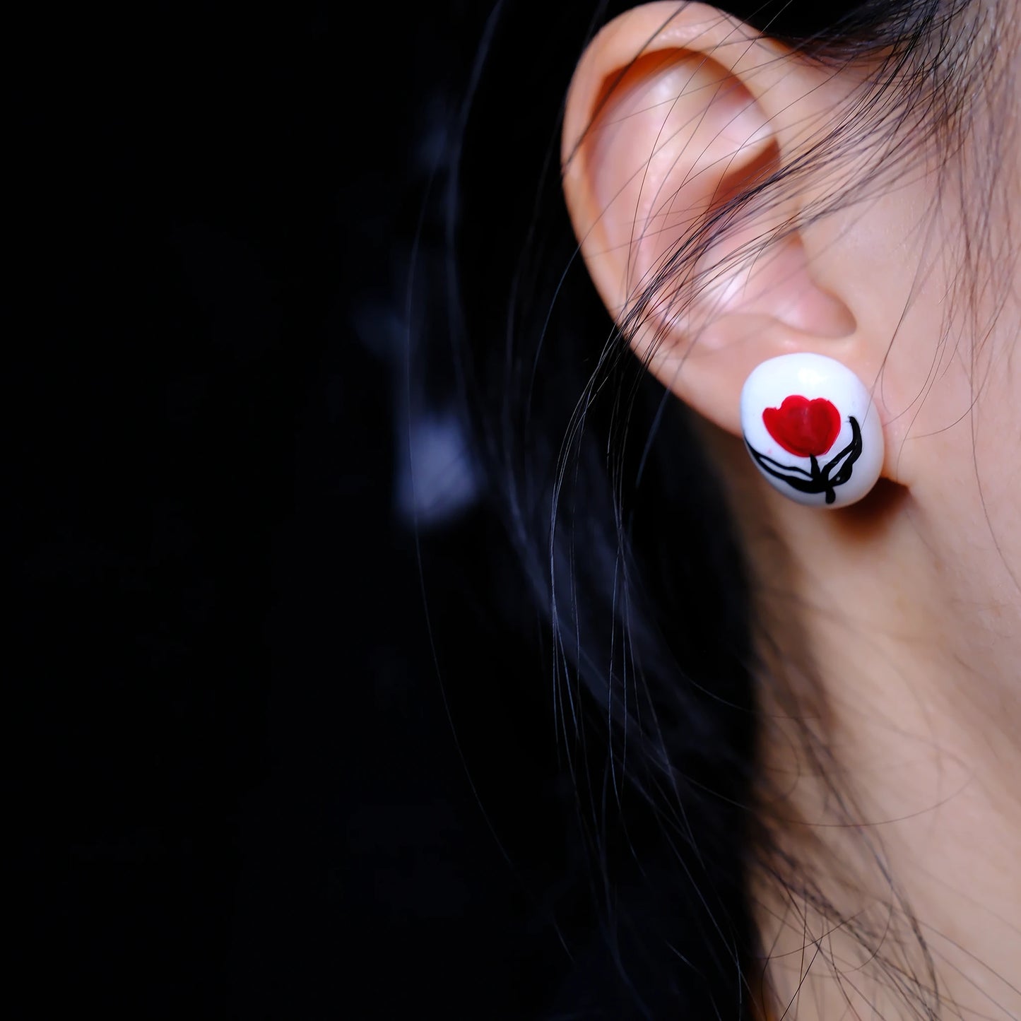 F136 titanium alloy Red Tulip on White Stud/original hand painted studs/hand-drawn/handmade