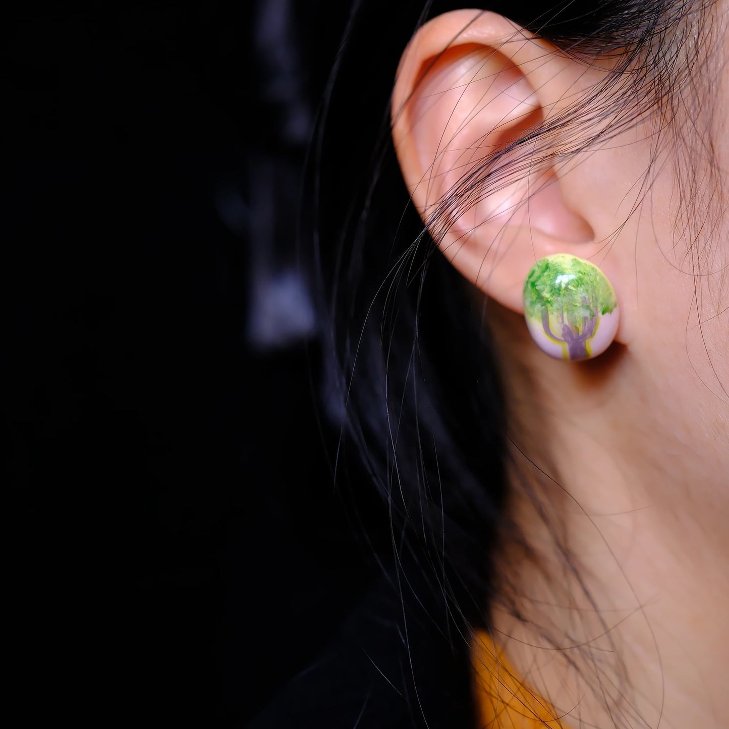 F136 titanium alloy Verdant Landscape Art Stud/original hand painted studs/hand-drawn/handmade