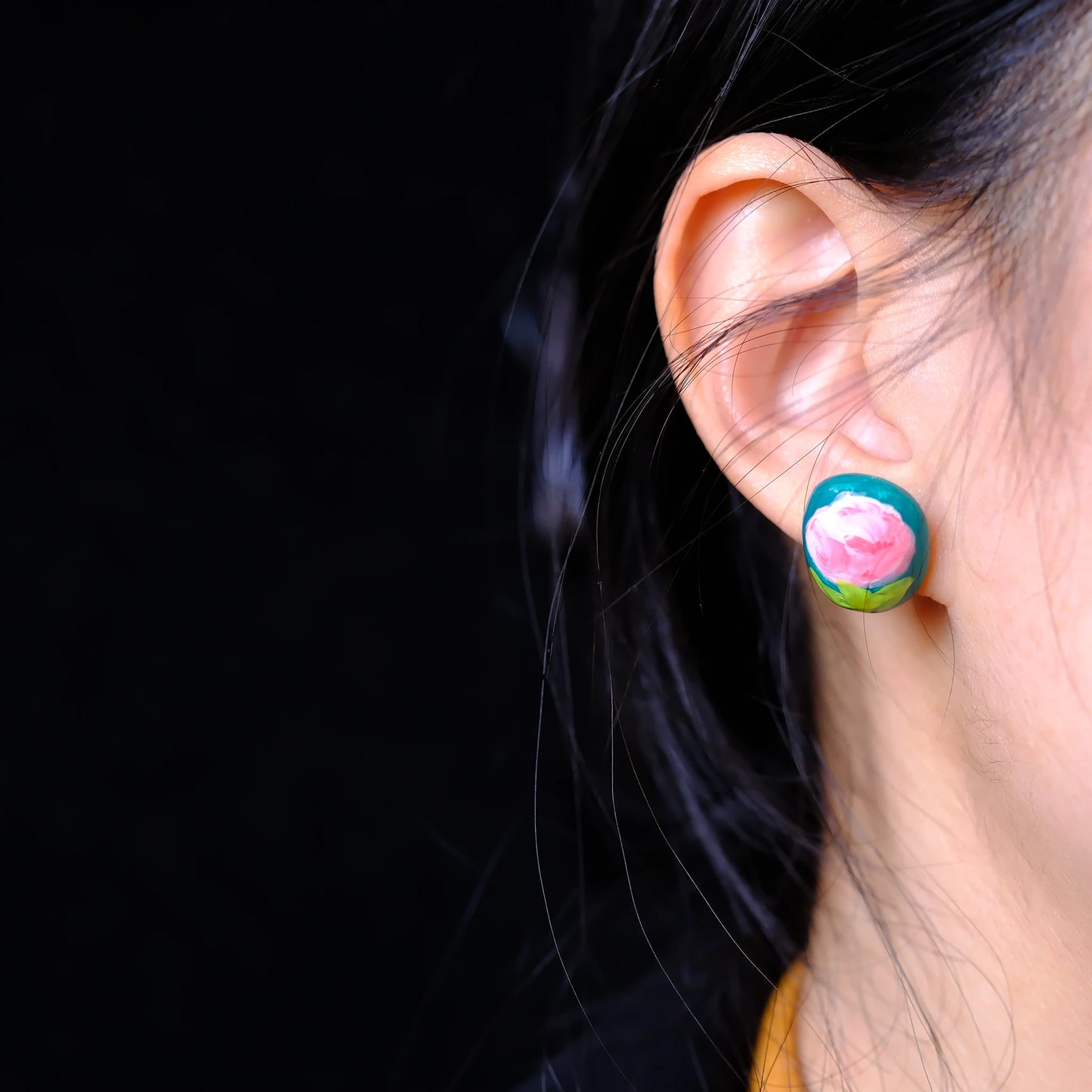 F136 titanium alloy Blush Peony Garden Stud/original hand painted studs/hand-drawn/handmade/
