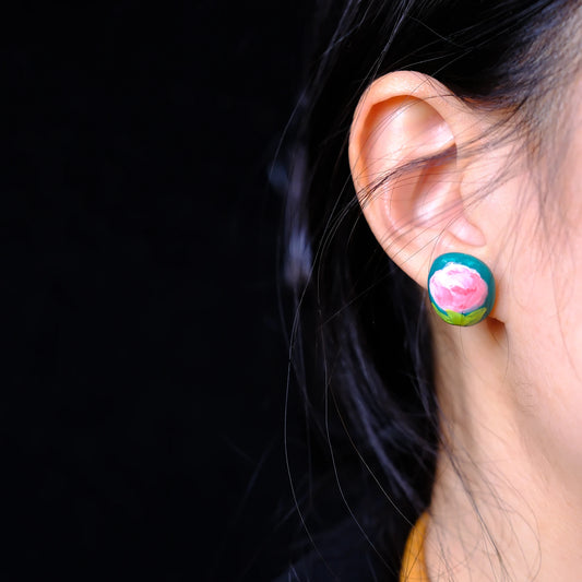 F136 titanium alloy Blush Peony Garden Stud/original hand painted studs/hand-drawn/handmade/