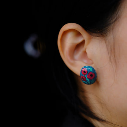 F136 titanium alloy Teal Poppy Bloom Stud/original hand painted studs/hand-drawn/handmade/