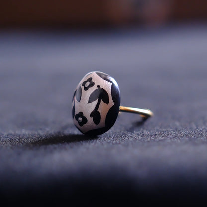Hand-Painted Monochrome Floral Adjustable Ring/hand-drawn ring/handmade ring