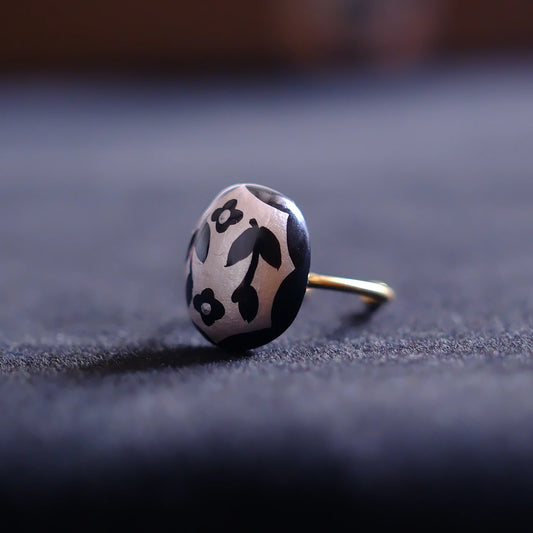Hand-Painted Monochrome Floral Adjustable Ring/hand-drawn ring/handmade ring
