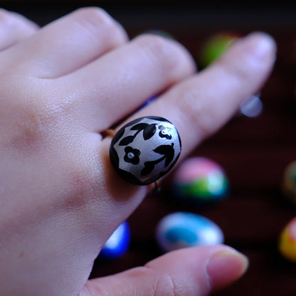 Hand-Painted Monochrome Floral Adjustable Ring/hand-drawn ring/handmade ring