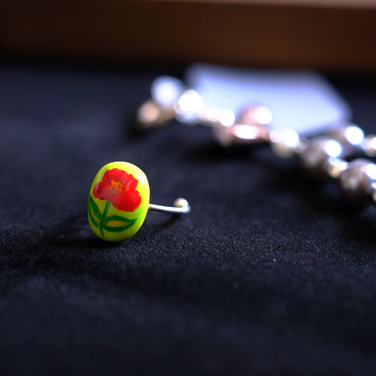 Hand-Painted Red Floral Adjustable Ring