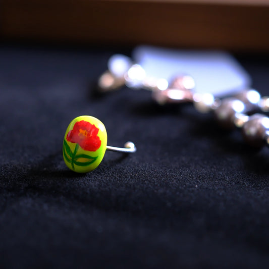 Hand-Painted Red Floral Adjustable Ring