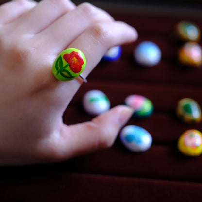 Hand-Painted Red Floral Adjustable Ring