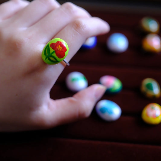 Hand-Painted Red Floral Adjustable Ring