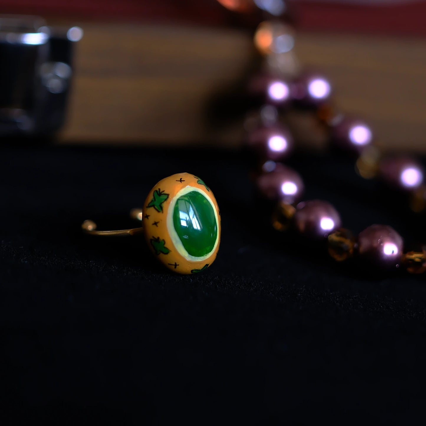Hand-Painted Emerald-like Adjustable Ring/hand-drawn ring/handmade ring