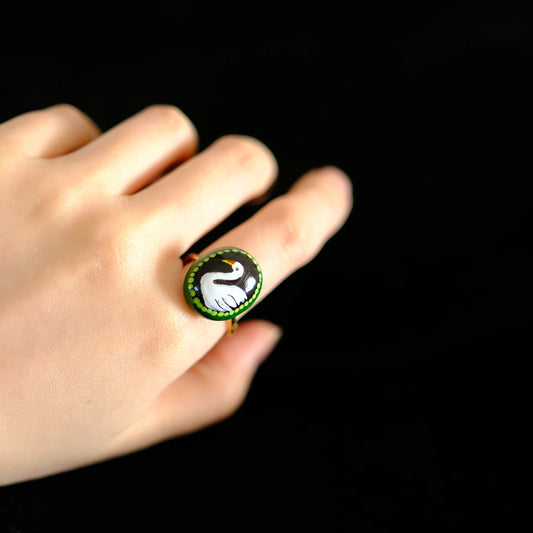 Original hand painted Emerald Swan Motif Adjustable ring/hand-drawn ring/handmade ring