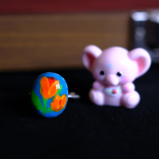 Hand-Painted Tulip Adjustable Ring/hand-drawn ring/handmade ring