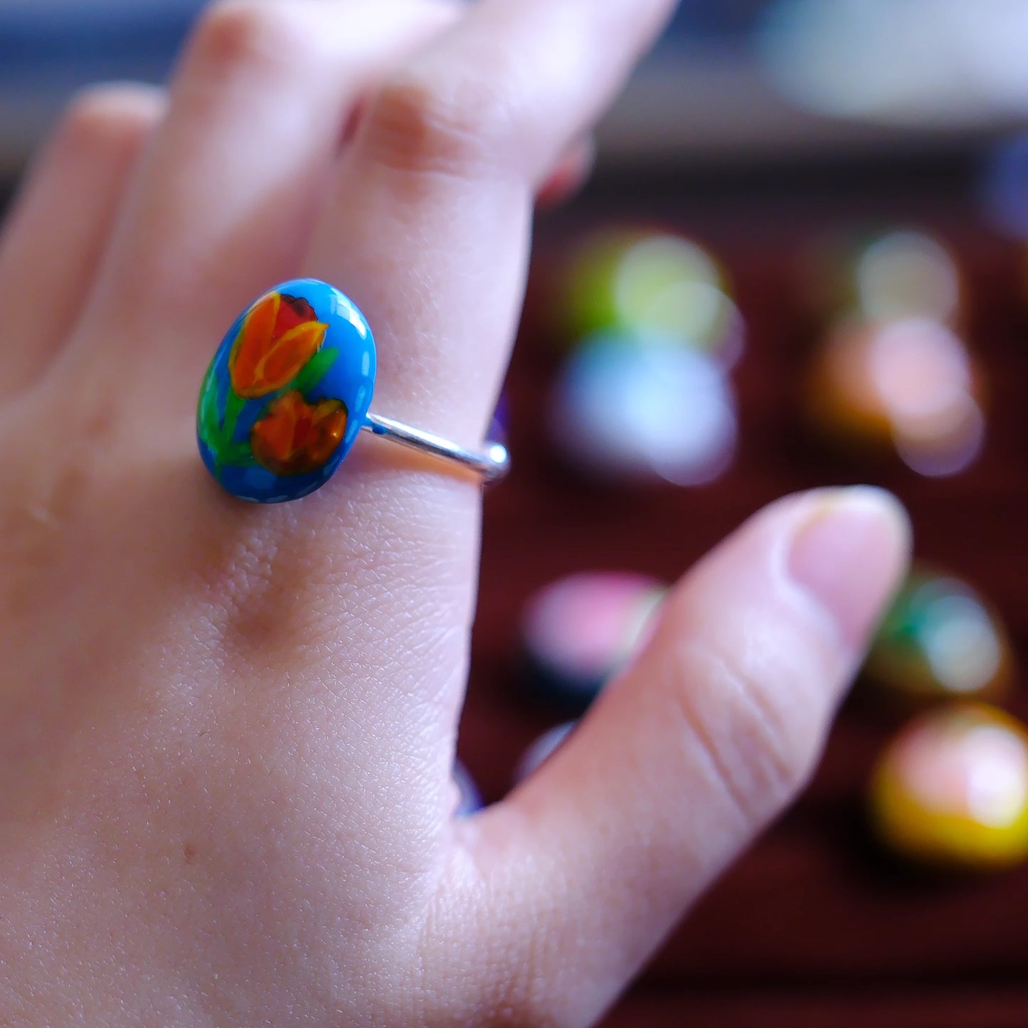 Hand-Painted Tulip Adjustable Ring/hand-drawn ring/handmade ring