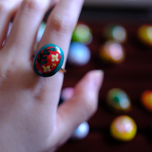 Hand-Painted Folk Floral Adjustable Ring/hand-drawn ring/handmade ring