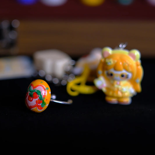 Hand-Painted Cherry Heart Adjustable Ring/hand-drawn ring/handmade ring