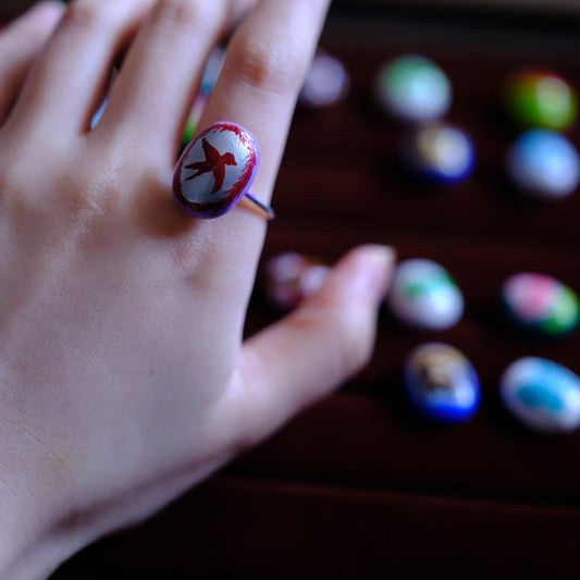 Hand-Painted Red Swallow Adjustable Ring/hand-drawn ring/handmade ring