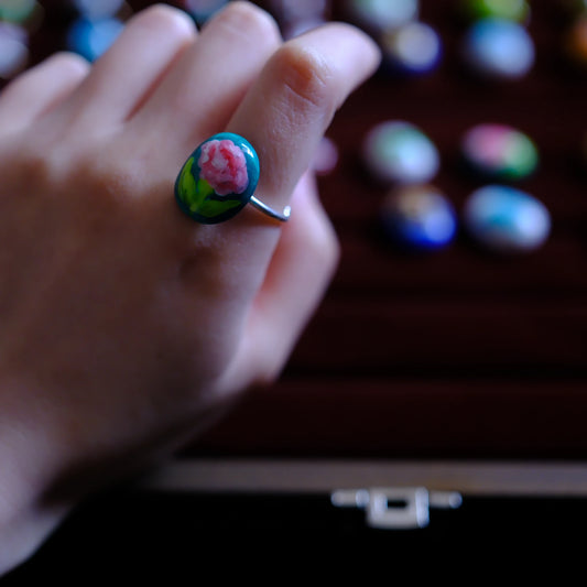 Hand-Painted Peony Adjustable Ring/hand-drawn ring/handmade ring