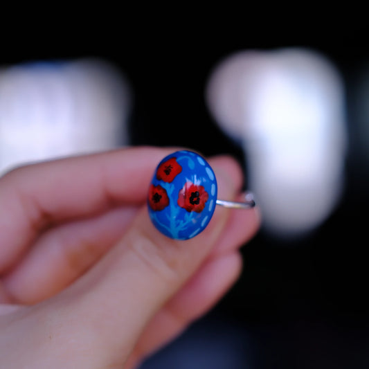 Original hand painted Teal Poppy Bloom  Adjustable RING//hand-drawn ring/handmade ring