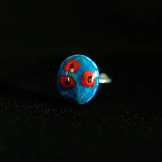 Original hand painted Teal Poppy Bloom  Adjustable RING//hand-drawn ring/handmade ring
